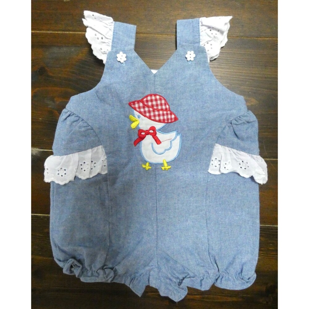 VTG Small Steps Baby Girls 3-6 M Duck Embroidered One Piece Chambray & Lace